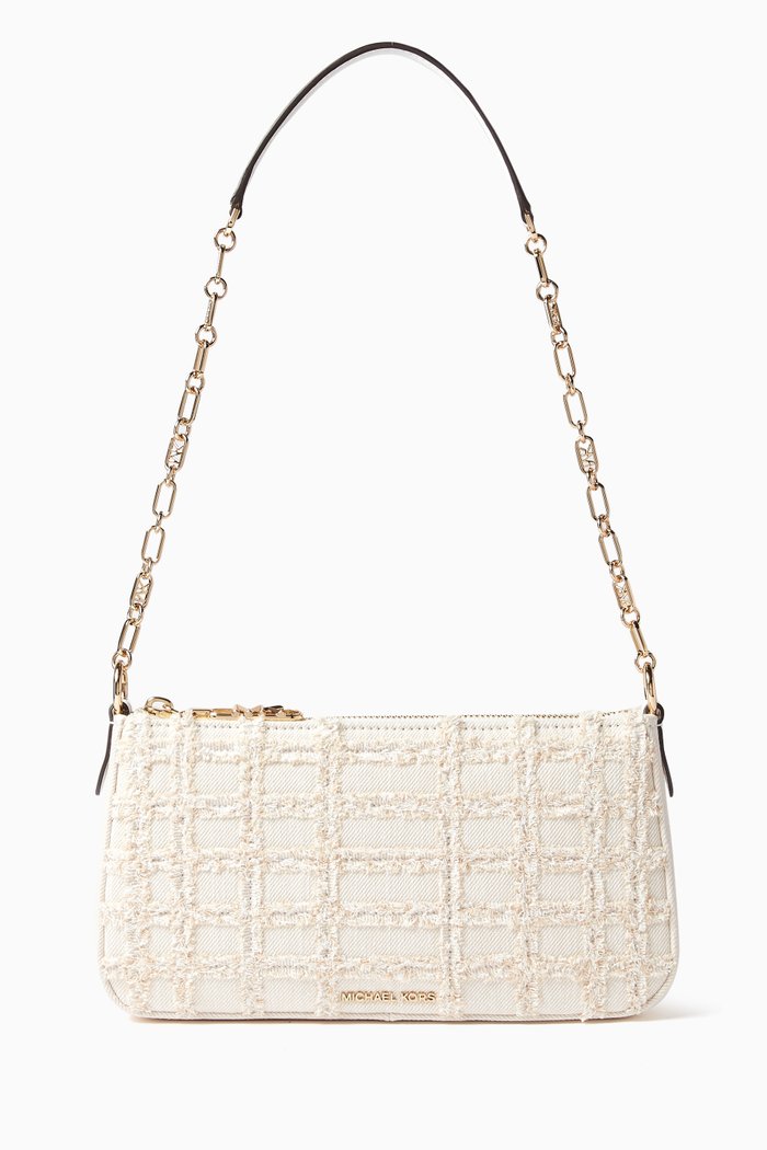 

Medium Empire Chain-link Pochette Bag in Frayed Denim, White