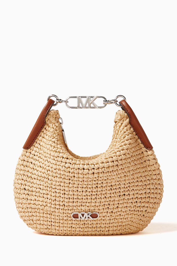 

Kendall Small Bracelet Pouchette Bag in Raffia, Brown