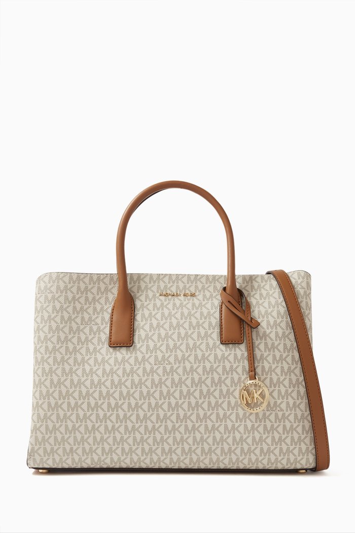 

Large Ruthie Signature Logo Satchel Bag in Canvas, Neutral