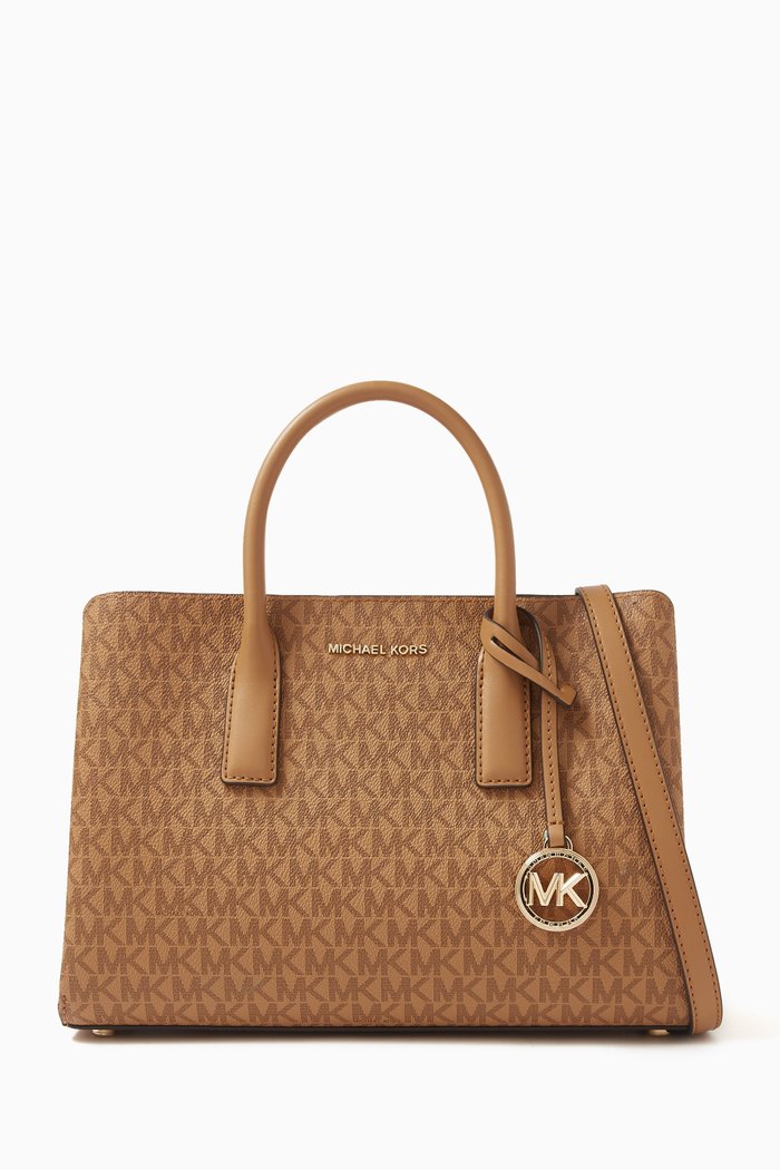 

Small Ruthie Signature Logo Satchel Bag in Leather, Brown