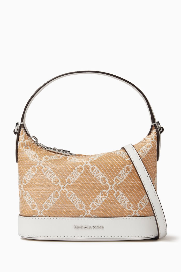

Empire Logo Top Handle Bag in Raffia & Leather, Neutral