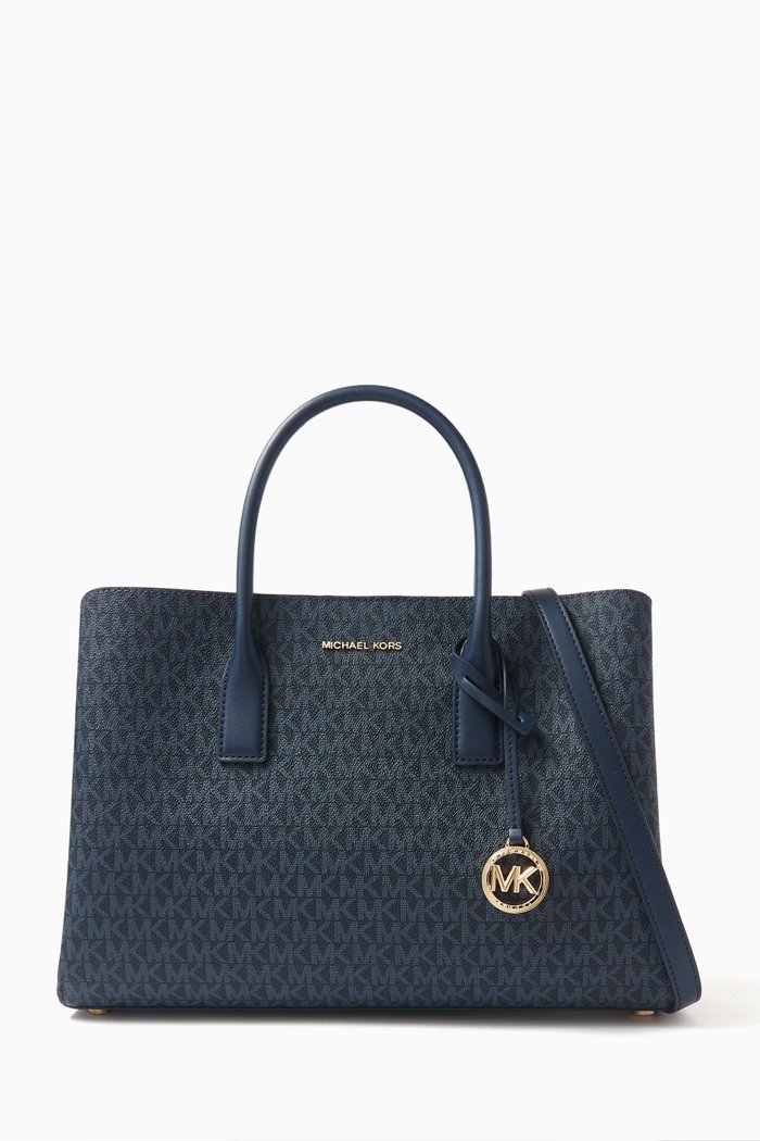 Large Ruthie Signature Logo Satchel Bag in Canvas, Blue
