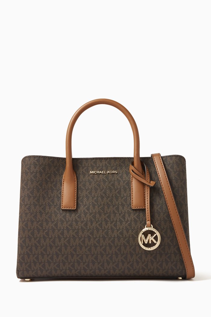 Small Ruthie Signature Logo Satchel Bag in Canvas, Brown