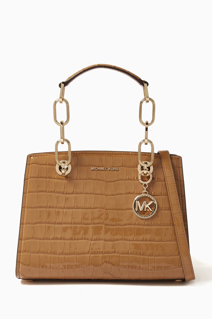 

Small Cynthia Satchel Bag in Croc-embossed Leather, Brown