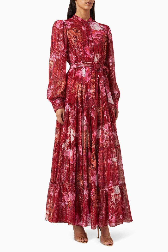 Keya Printed Maxi Dress in Viscose Georgette, Red