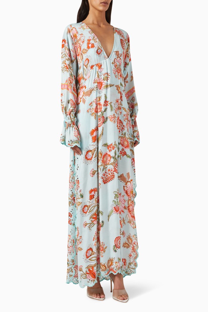 

Mau Printed V-neck Kaftan in Viscose Crepe, Grey
