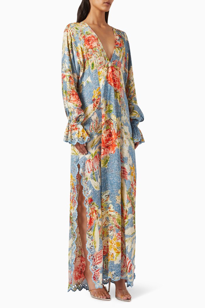 

Tesu Printed V-neck Kaftan in Viscose Crepe, Grey