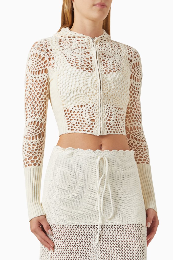 Lyla Zip-up Hoodie in Crochet, White