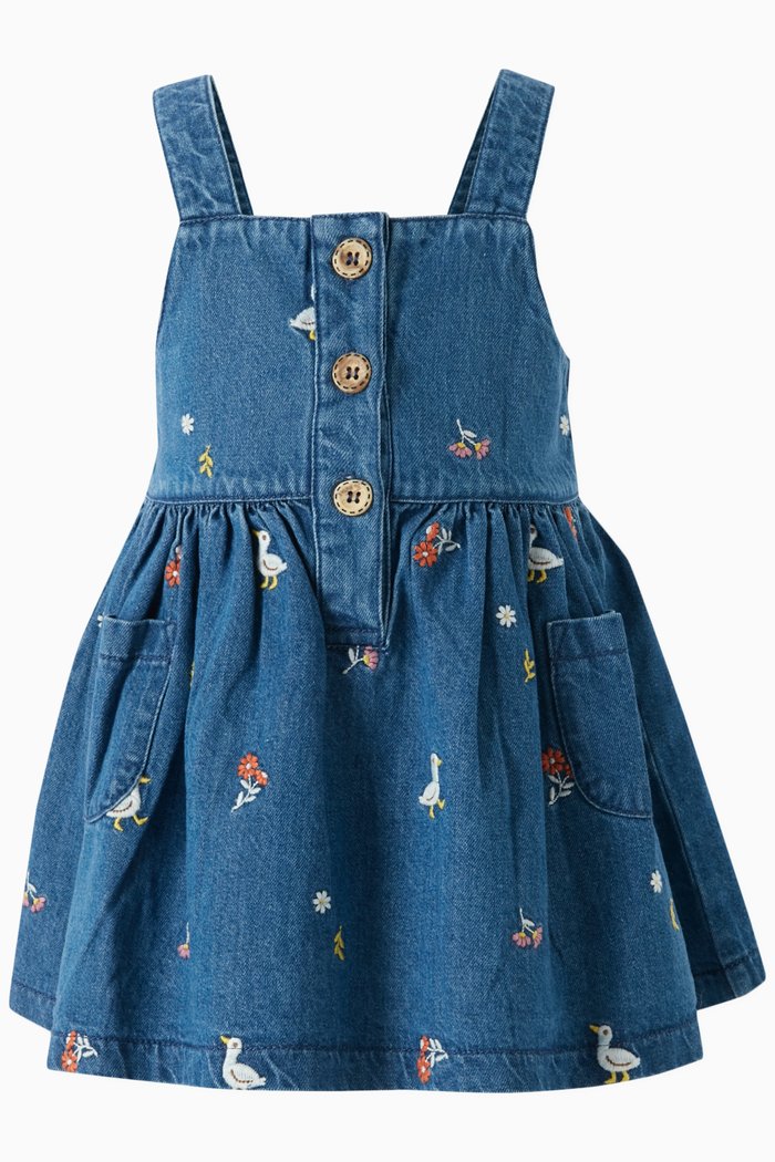 

Embroidered Pinafore Dress in Denim, Blue
