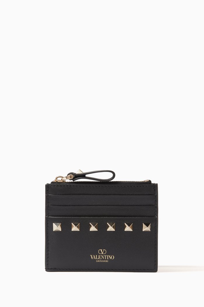Valentino Garavani Rockstud Card Holder in Leather, Black