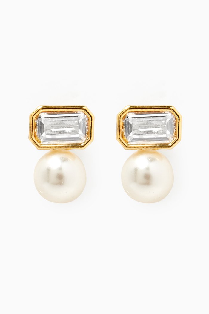 

Emerald-cut CZ & Pearl Drop Earrings in Gold-vermeil, White