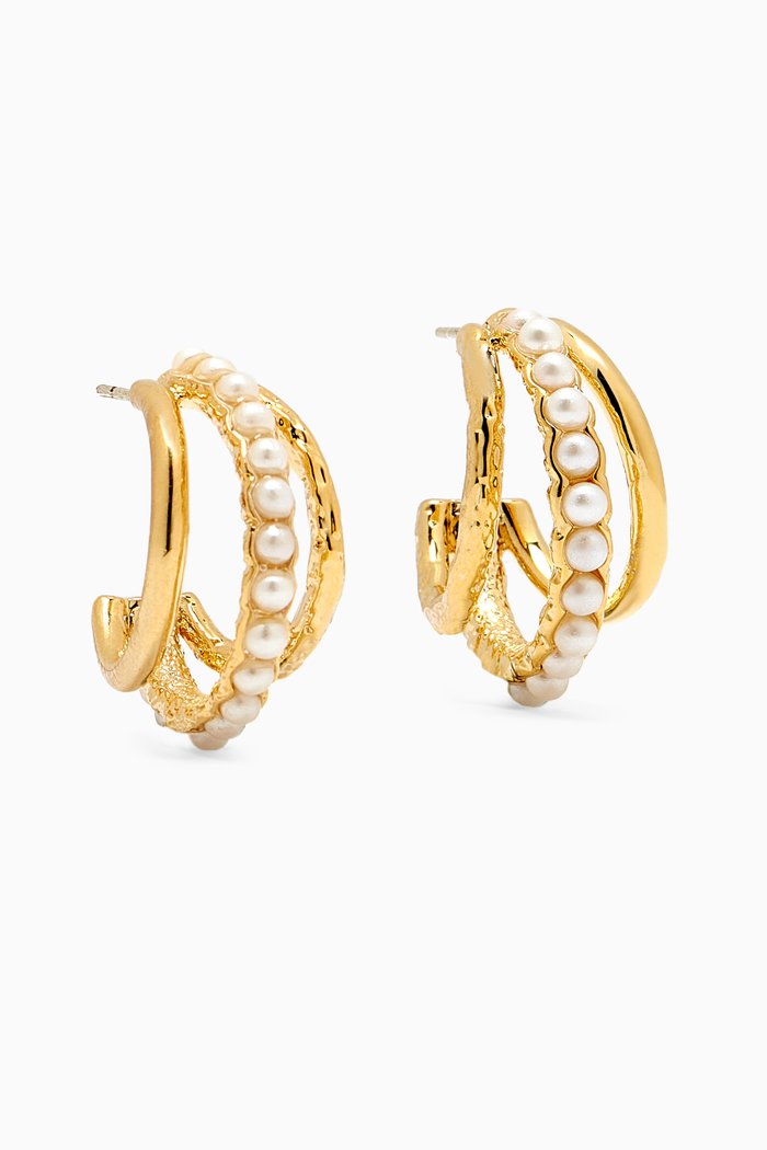 

Triple Hoop Pearl Earrings in Plated Brass, White