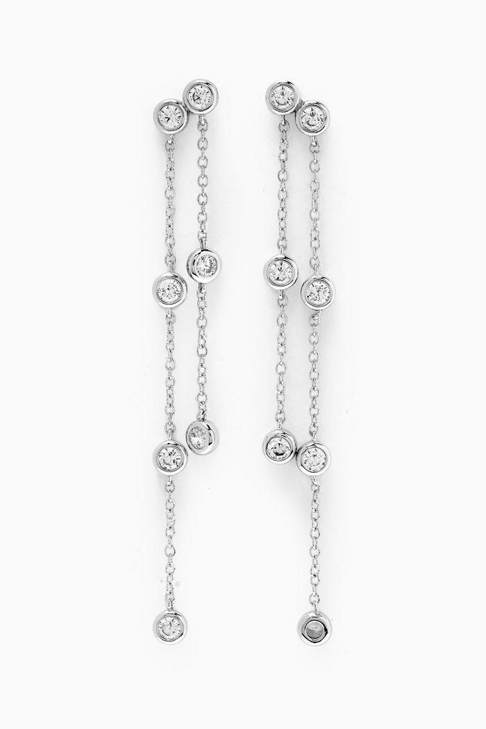 Bezel CZ Double Drop Earrings in Rhodium-plated Brass, Silver