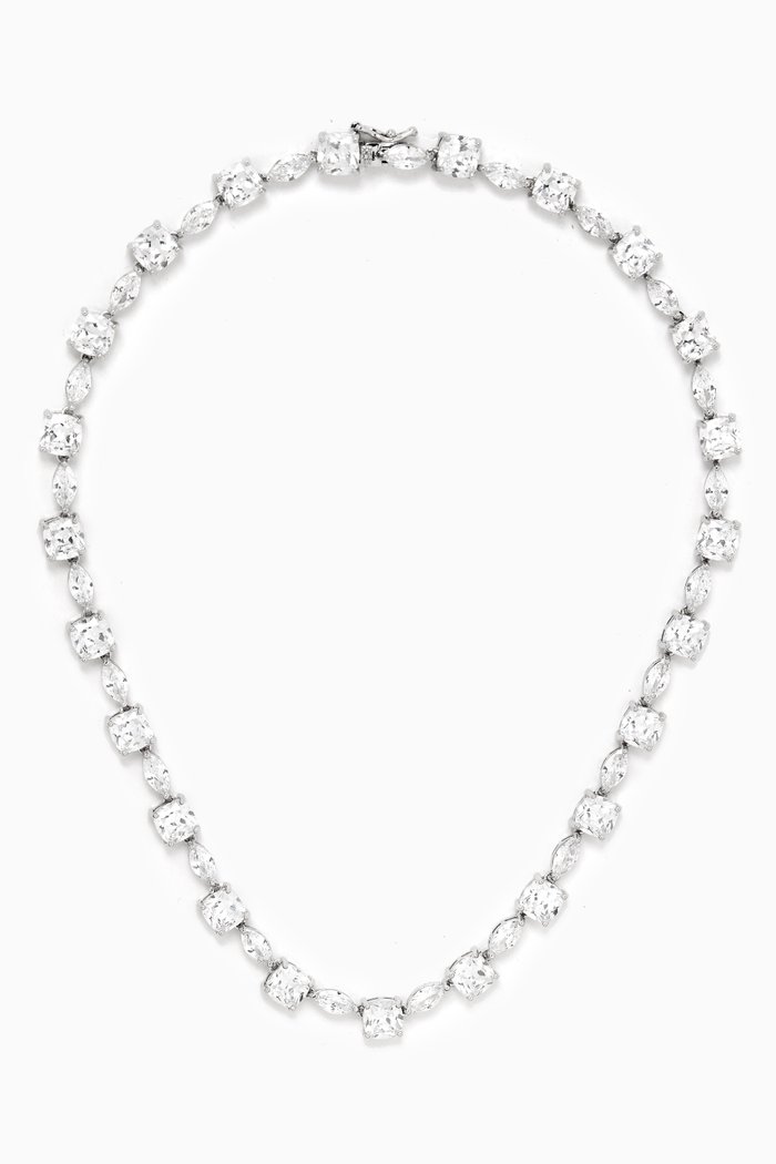 

Cushion & Marquise-cut CZ Tennis Necklace in Rhodium-plated Brass, Silver