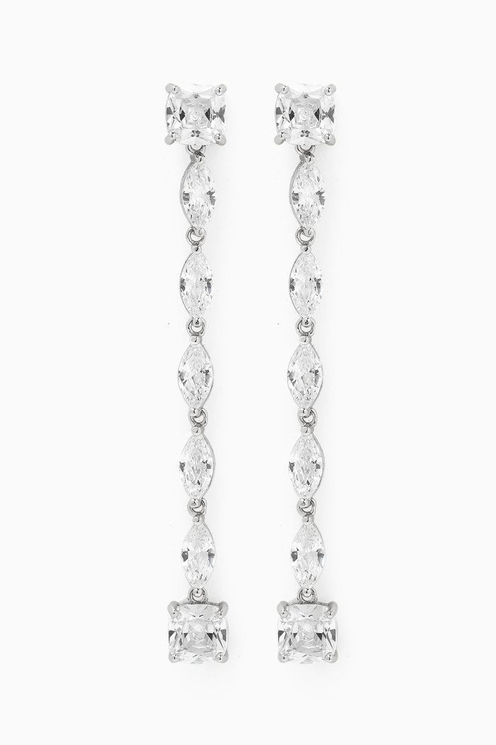 Cushion & Marquise-cut CZ Drop Earrings in Rhodium-plated Brass, Silver