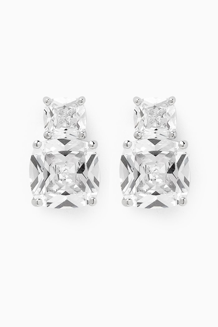 Mini Double Cushion CZ Earrings in Rhodium-plated Brass, Silver