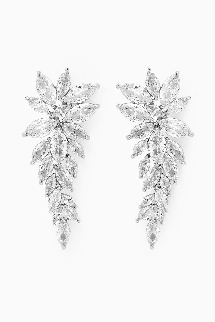 

CZ Leaf Cluster Earrings in Rhodium-plated Brass, Silver
