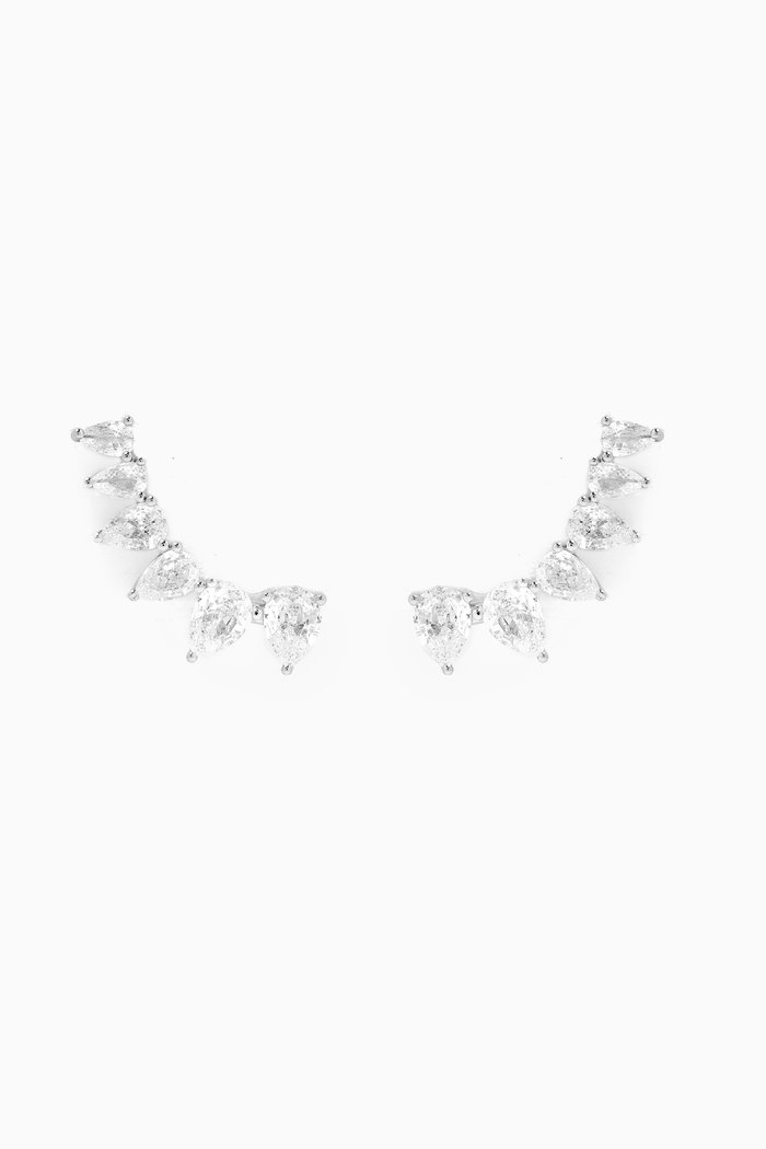 

Pear-cut CZ Crawler Earrings in Rhodium-plated Brass, Silver