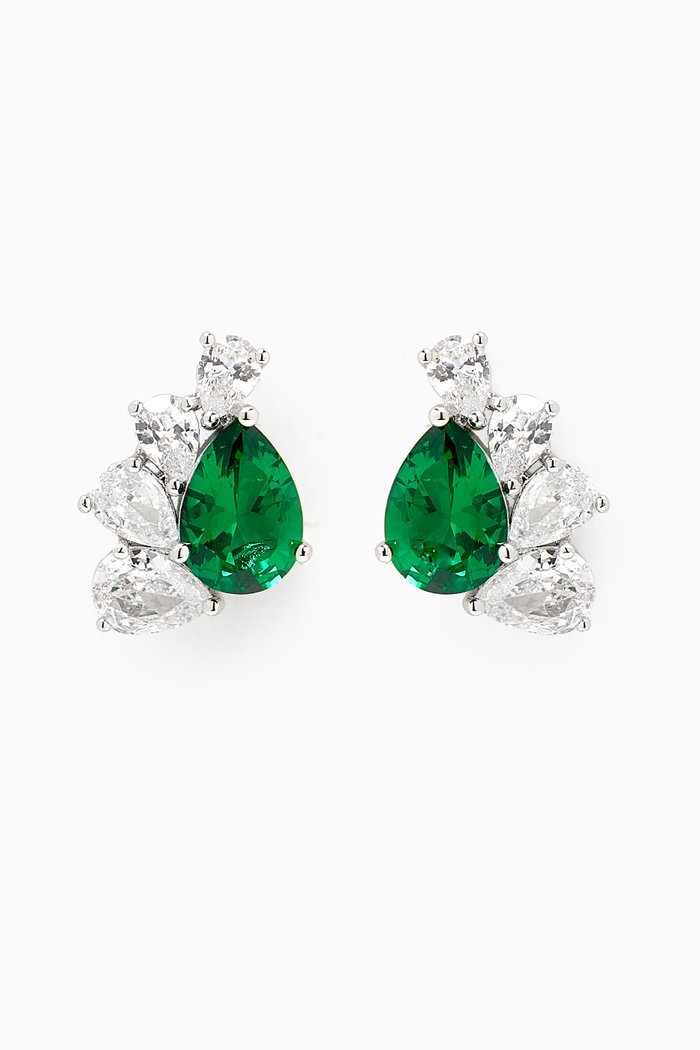 

Pear-cut Half Cluster Earrings in Rhodium-plated Brass, Green