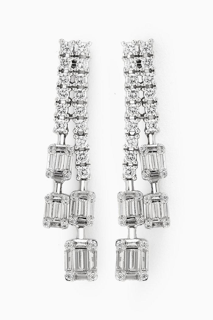 

Baguette Frame Fringe Drop Earrings in Rhodium-plated Brass, Silver