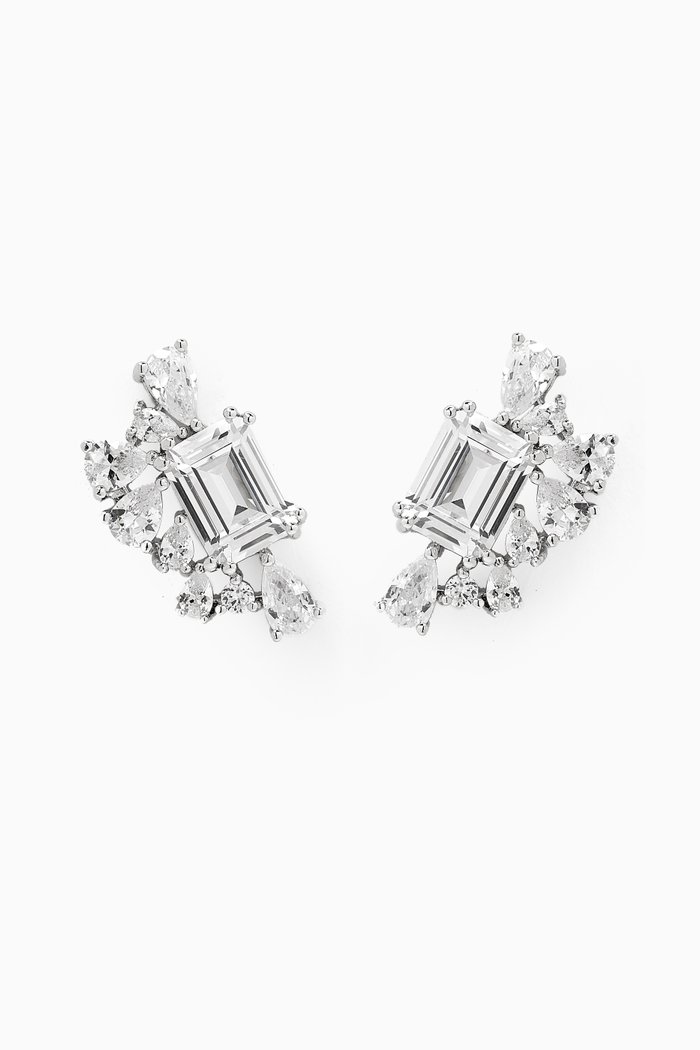 

Emerald & Pear-cut Cluster Stud Earrings in Rhodium-plated Brass, Silver