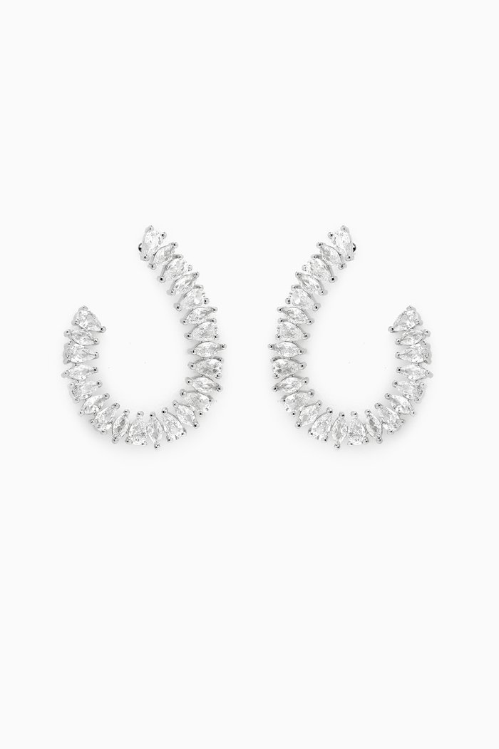 Pear Marquis Curved Earrings in Rhodium-plated Brass, Silver