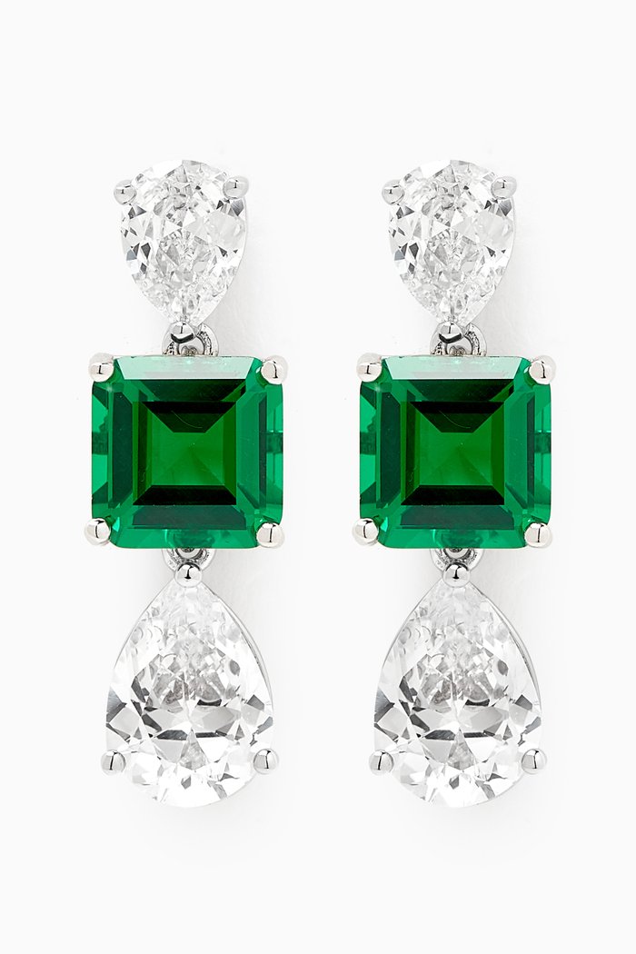 

Triple CZ Drop Earrings in Rhodium-plated Brass, Green