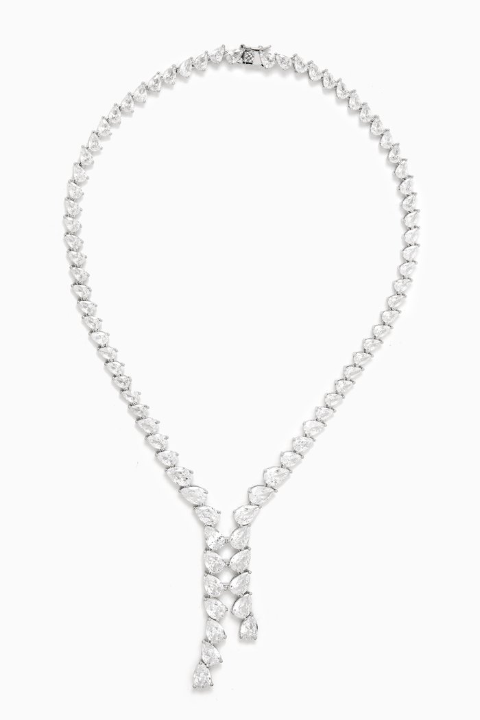 

Pear-cut Double Y Necklace in Rhodium-plated Brass, Silver