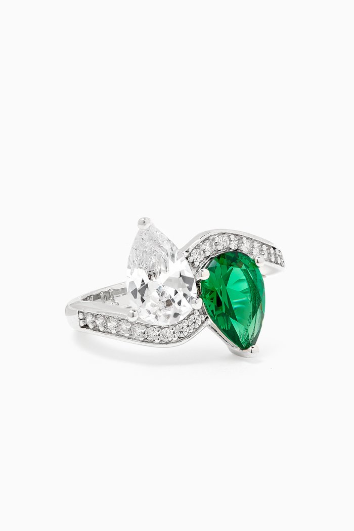 

Pear Stone Pave Ring in Rhodium-plated Brass, Green