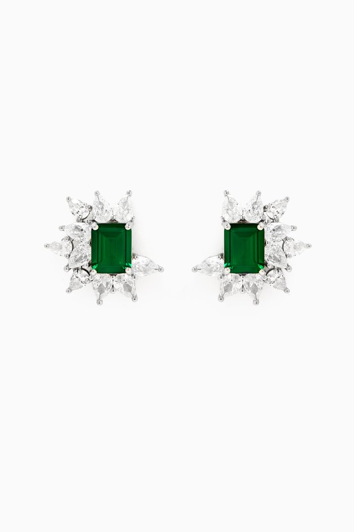 

Emerald & Pear-cut Stud Earrings in Rhodium-plated Brass, Green
