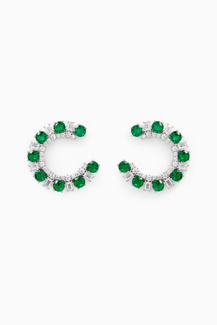 

Round & Baguette-cut C-shape Earrings in Rhodium-plated Brass, Green