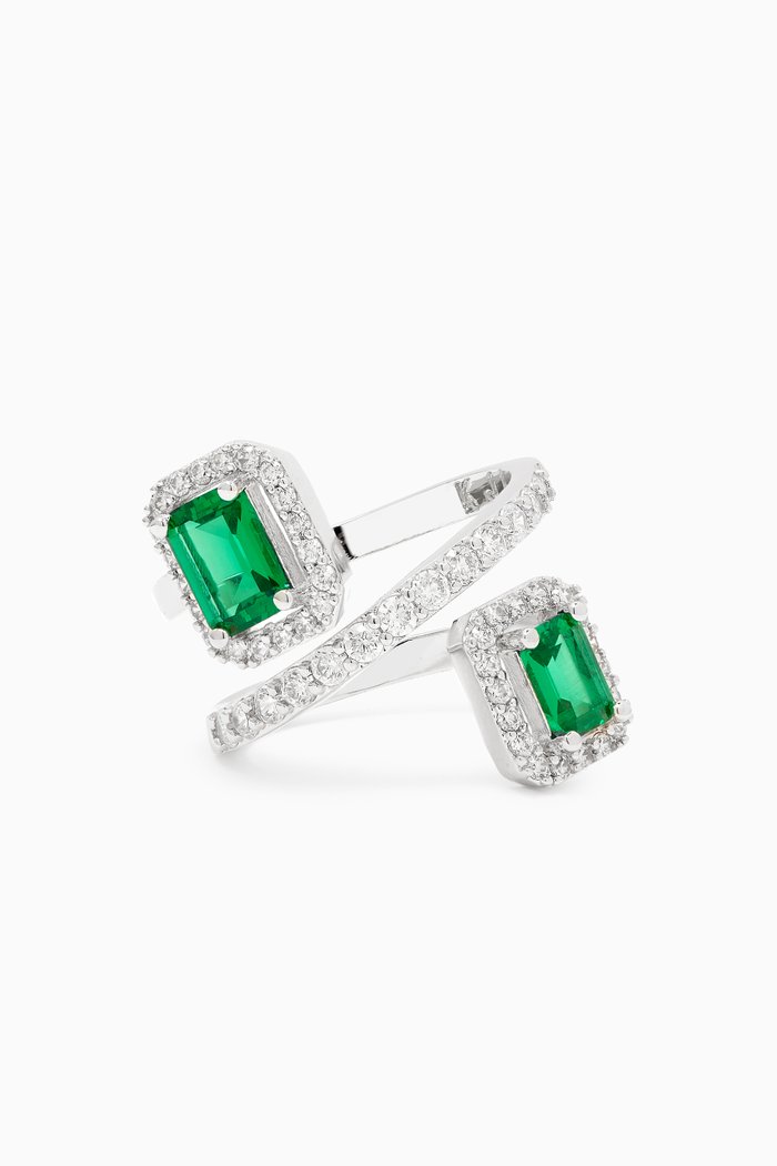 

Double-square CZ Pavé Wrap Ring in Rhodium-plated Brass, Green