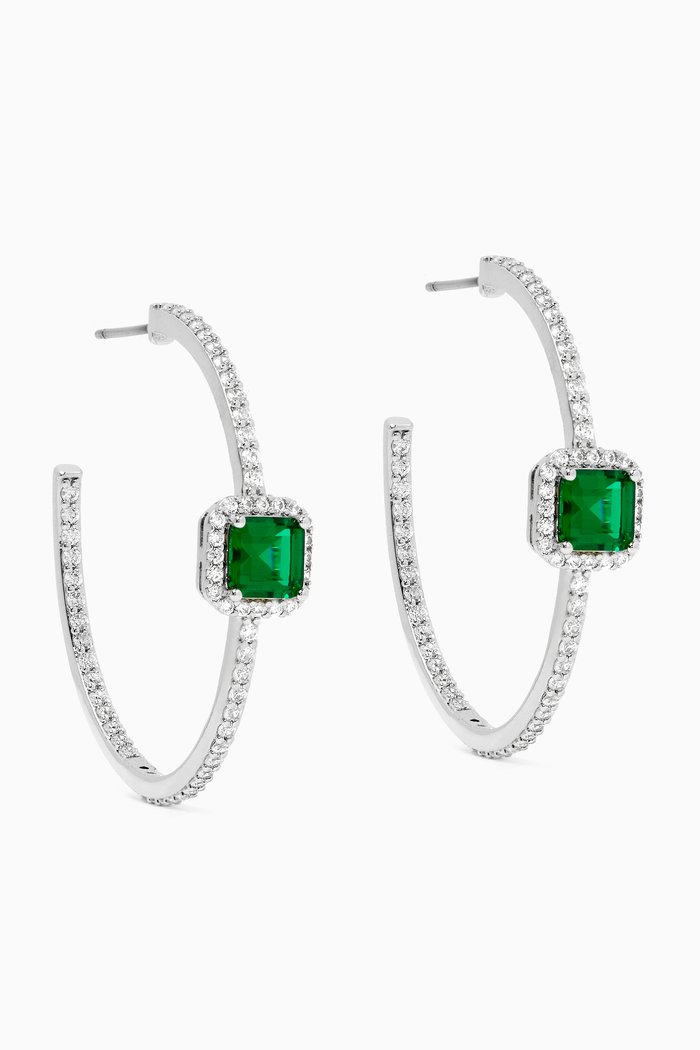 

Princess Halo CZ Hoop Earrings in Rhodium-plated Brass, Green