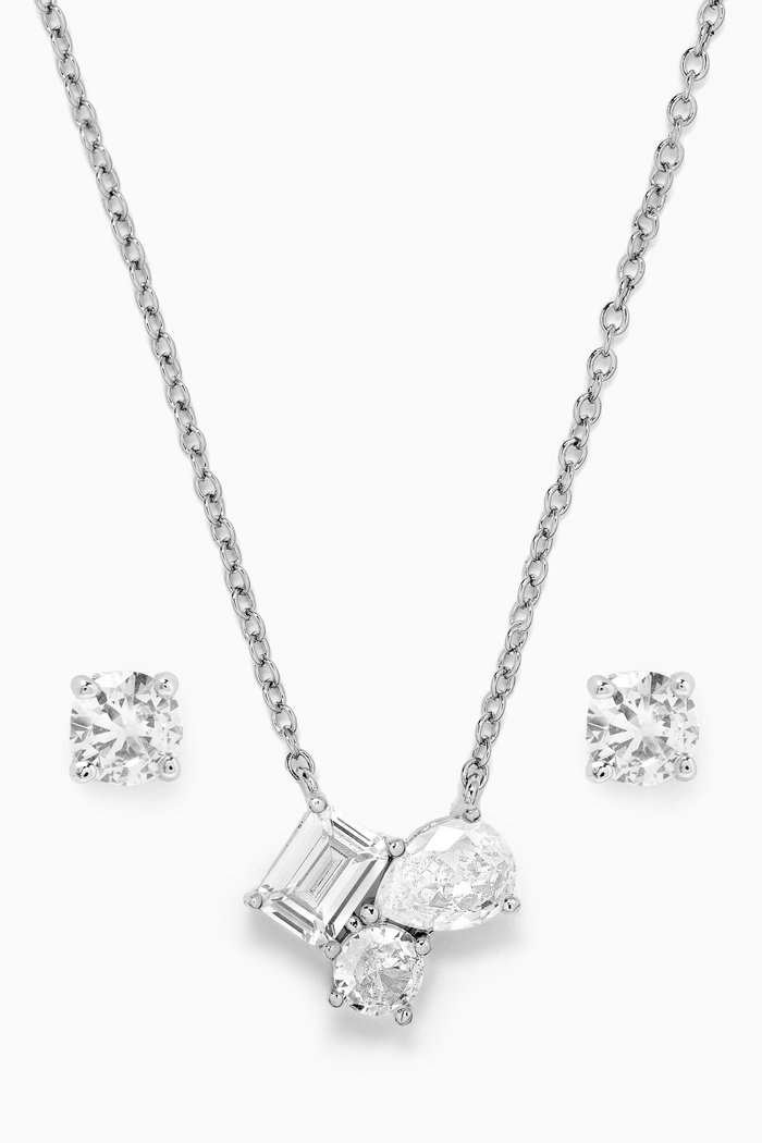

Multi-shape CZ Necklace & Stud Earrings Set in Rhodium-plated Brass, Silver