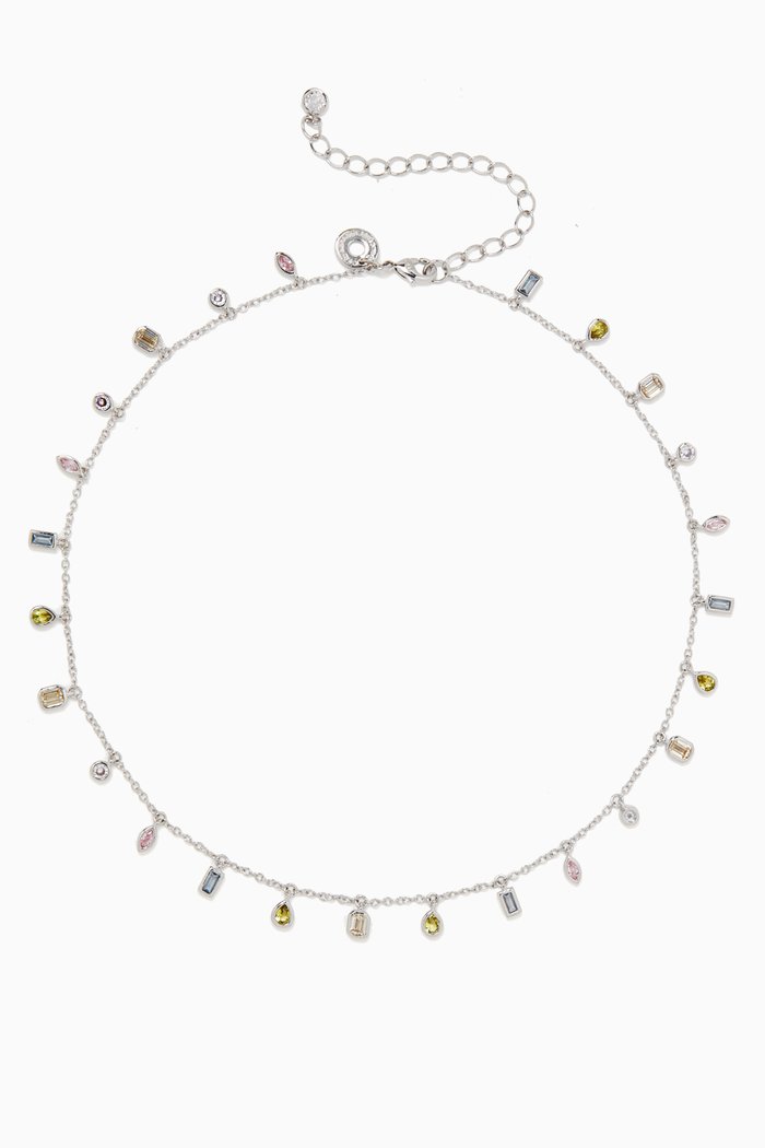 Drop Station Necklace in Rhodium-plated Brass, Multicolour