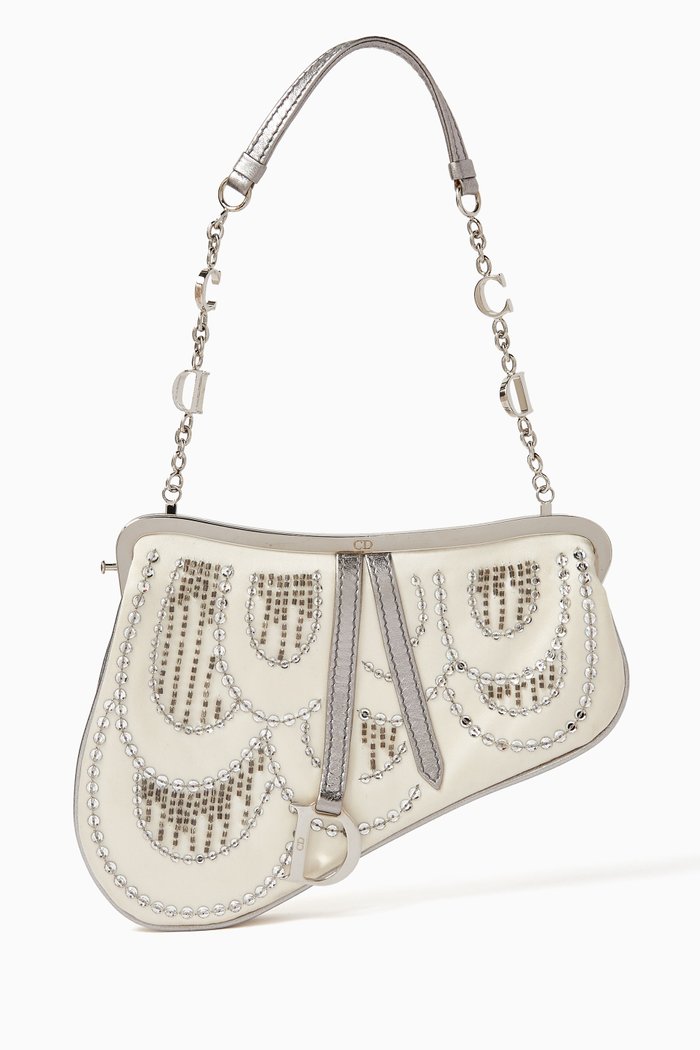 

Mini Saddle Embellished Bag in Silk Satin, White