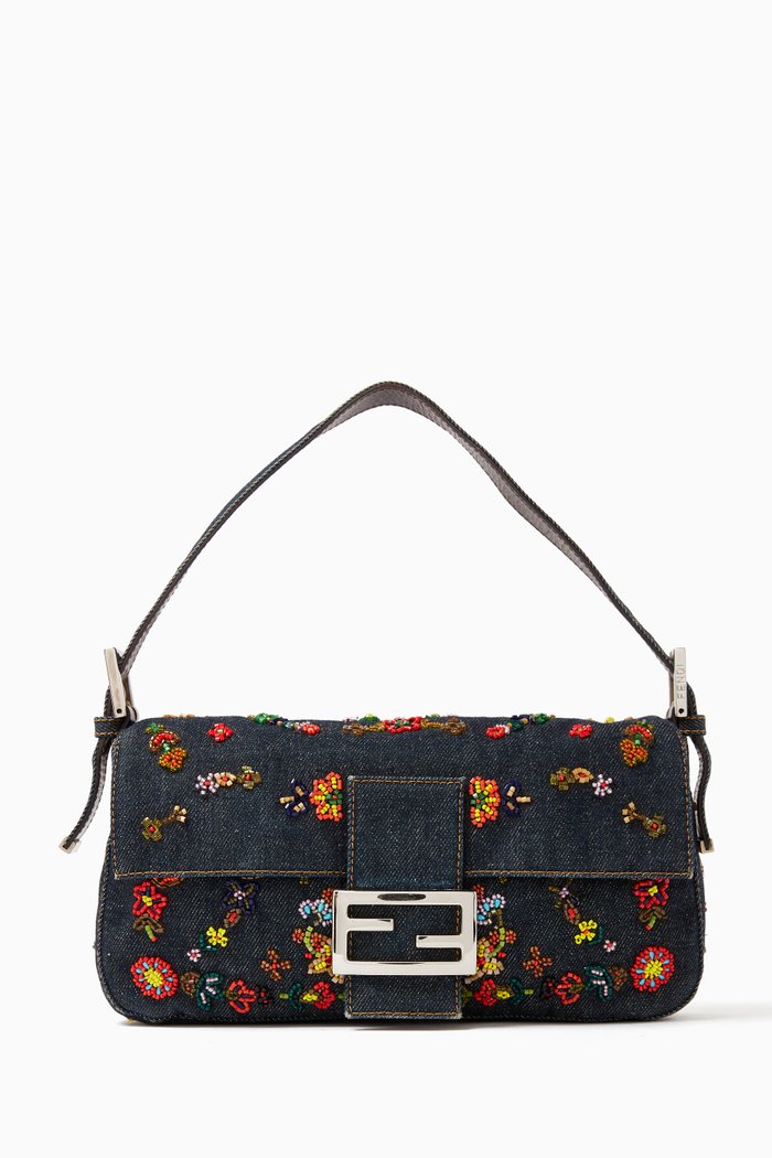 

Beaded Baguette Shoulder Bag in Denim, Blue
