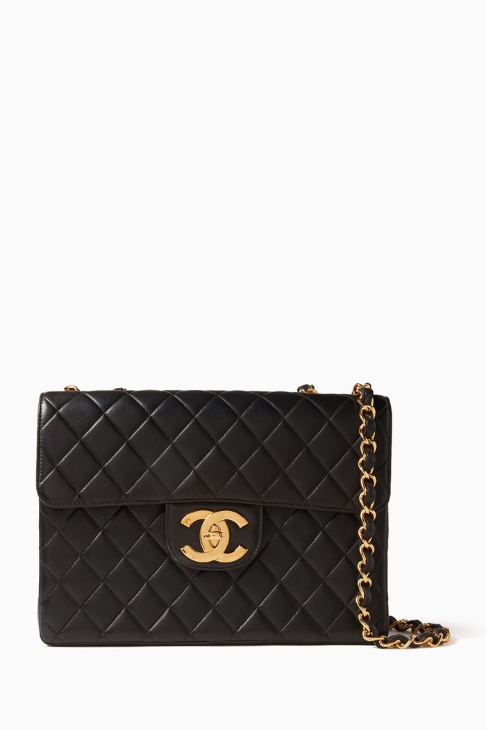 

Jumbo Single Flap Shoulder Bag in Quilted Lambskin Leather, Black