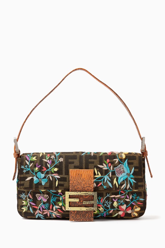 

Baguette Embroidered Shoulder Bag in Zucca Canvas & Lizard Leather, Multicolour