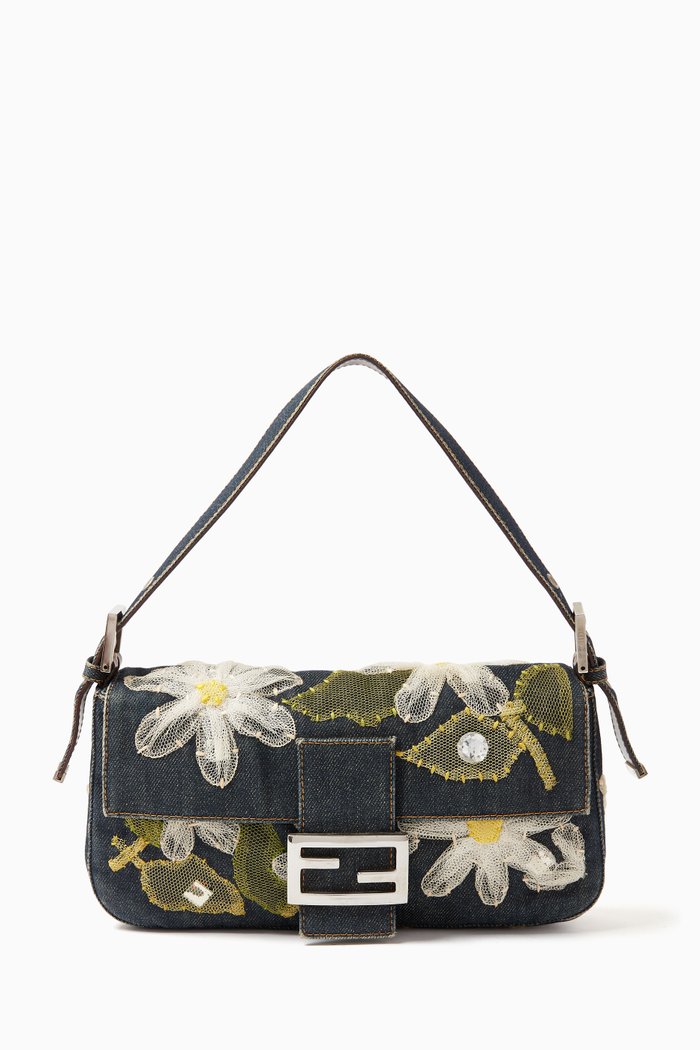 

Baguette Flower Appliqué Shoulder Bag in Denim, Blue
