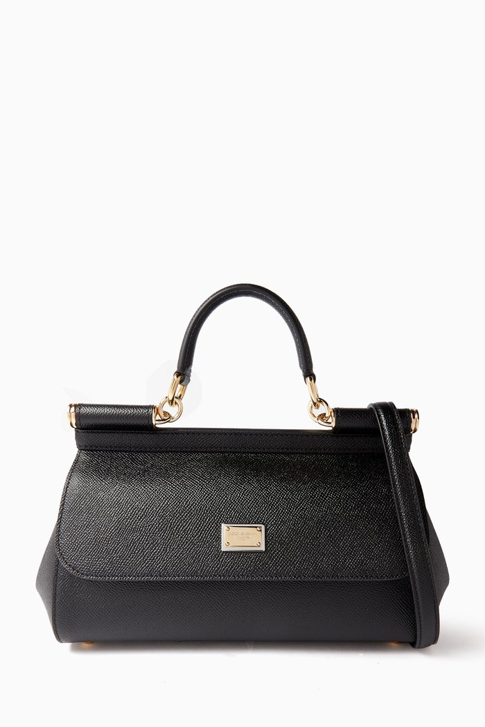 

Sicily Long Medium Top-handle Bag in Polished Leather, Black