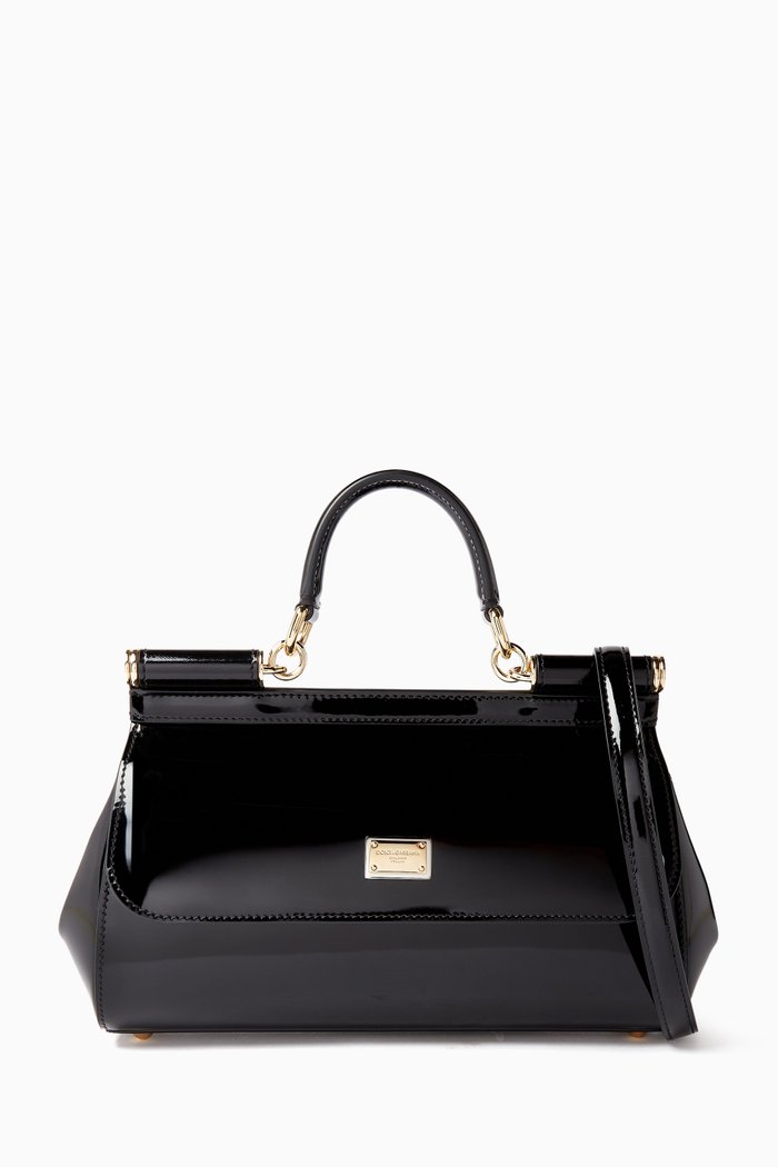 Sicily Long Medium Top-handle Bag in Polished Leather, Black