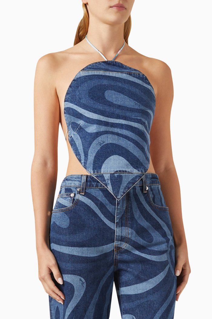 

Marmo-print Halter Top in Denim, Blue
