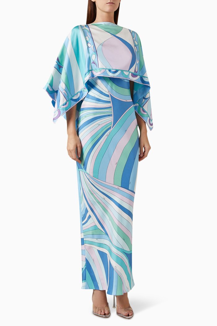 

Iride & Pesci-print Maxi Dress in Silk-twill, Blue