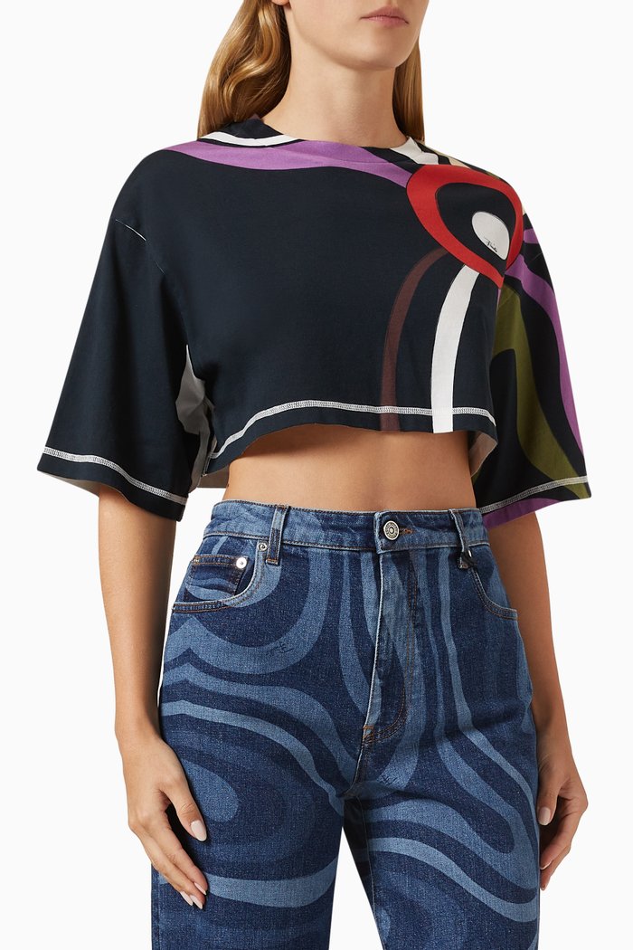 

Marmo-print Cropped T-shirt in Cotton, Black
