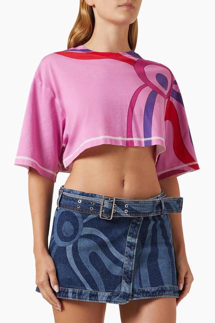 

Marmo-print Cropped T-shirt in Cotton, Pink