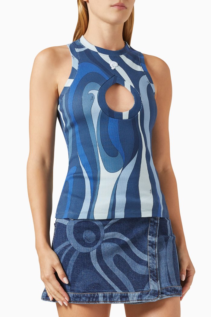 

P Marmo-print Tank Top in Ribbed-cotton, Blue