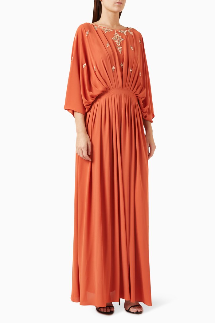 

Pleated Embellished Kaftan in Crepe Chiffon, Orange