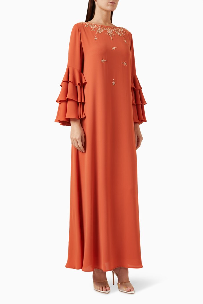 

Embellished Trumpet-sleeve Kaftan in Crepe Chiffon, Orange