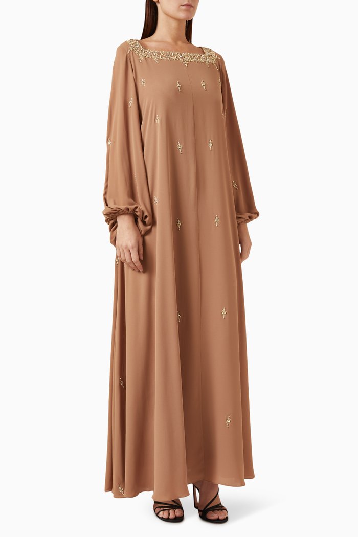 

Square-neck Embroidered Kaftan in Crepe Chiffon, Brown